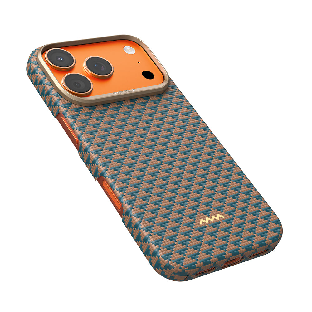 Apple iPhone 17 Pro Max Kılıf M-safe Şarj Özellikli Raptic Aramid Skin Origin Serisi Kapak Gold-Mavi