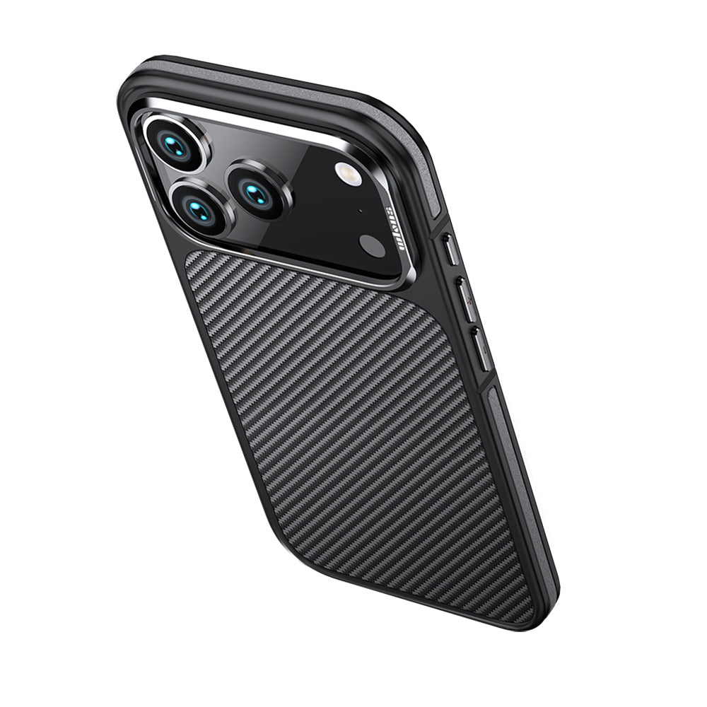 Apple iPhone 17 Pro Max Kılıf Mat Transparan Karbon Fiber Görünümlü Wlons Marin Kapak Siyah