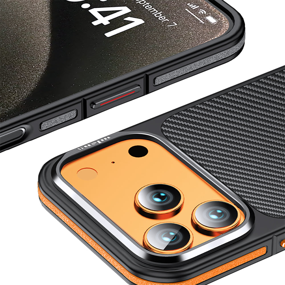 Apple iPhone 17 Pro Max Kılıf Mat Transparan Karbon Fiber Görünümlü Wlons Marin Kapak Turuncu