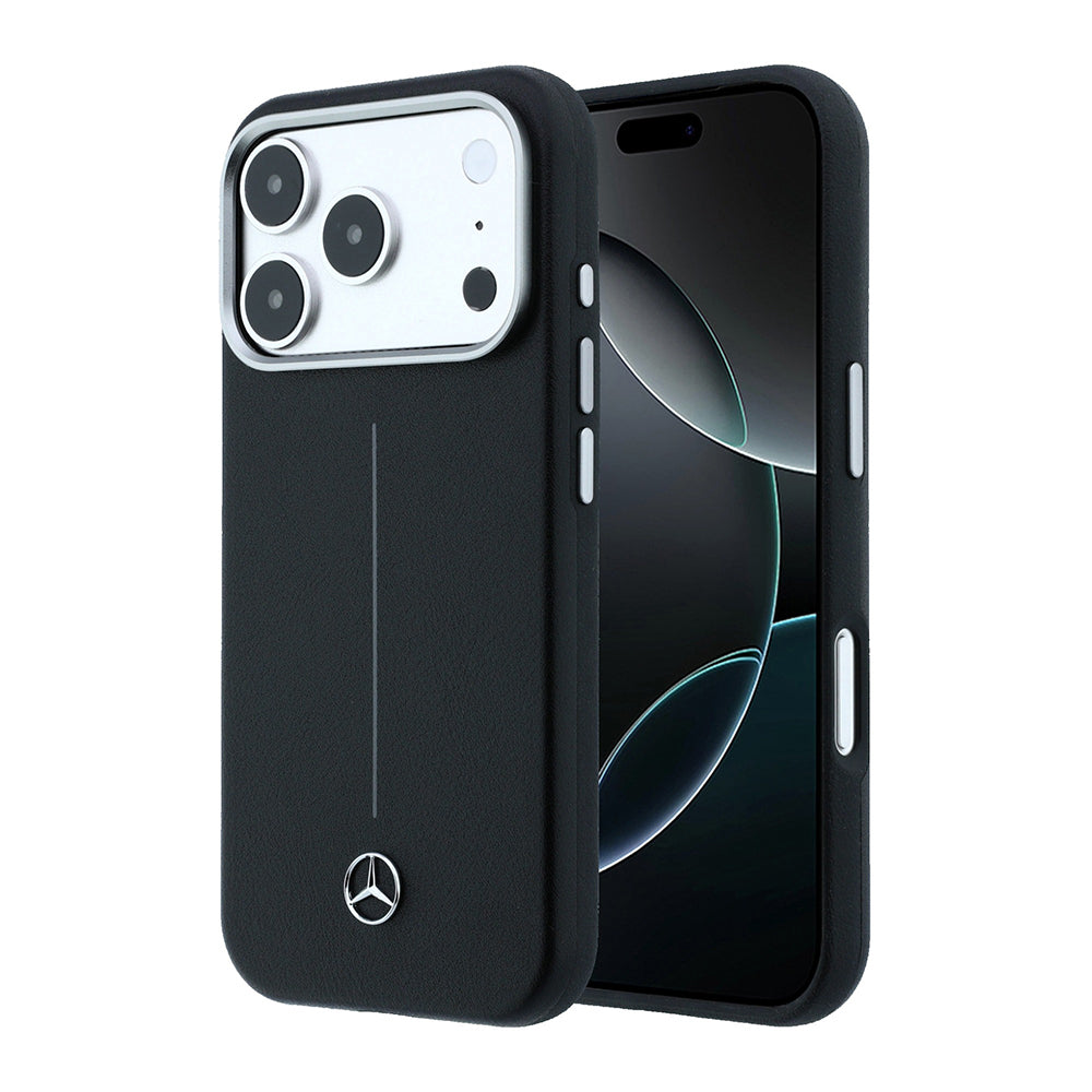 Apple iPhone 17 Pro Max Kılıf Mercedes Benz Orjinal Lisanslı M-safe Şarj Özellikli Metal Yıldız Logolu Çizgili Deri Kapak