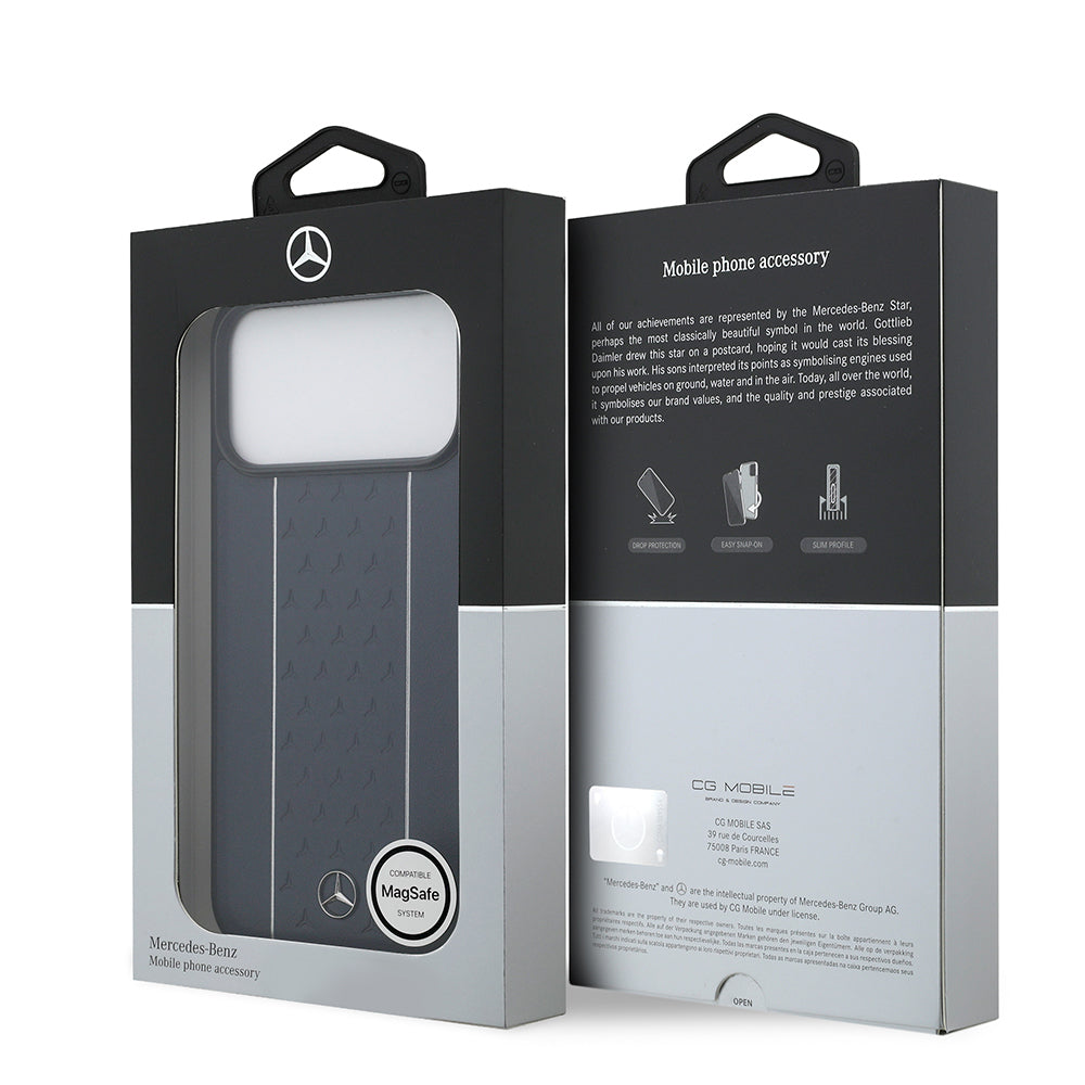 Apple iPhone 17 Pro Max Kılıf Mercedes Benz Orjinal Lisanslı M-safe Şarj Özellikli Şeritli Yıldız Desenli Metal Logolu Deri Kapak Lacivert