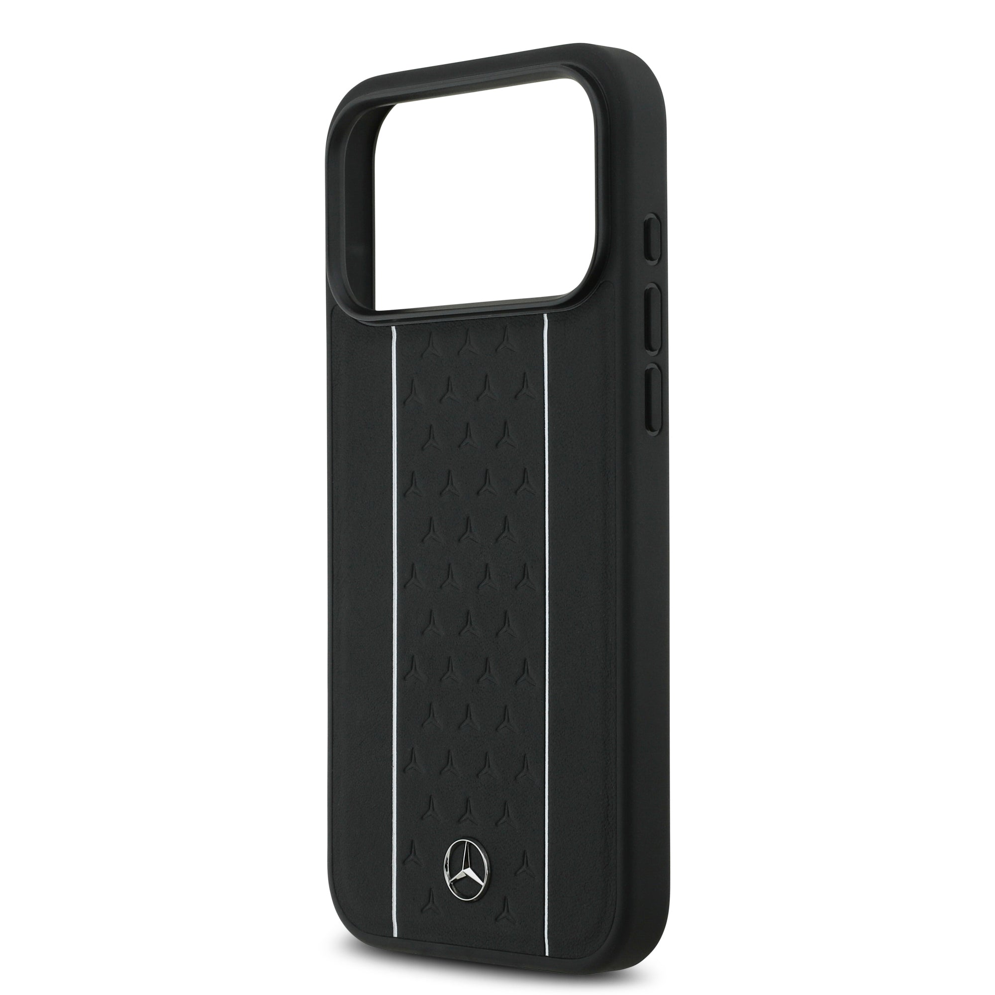 Apple iPhone 17 Pro Max Kılıf Mercedes Benz Orjinal Lisanslı M-safe Şarj Özellikli Şeritli Yıldız Desenli Metal Logolu Deri Kapak Siyah