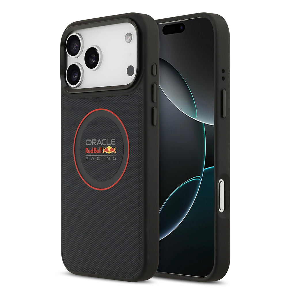 Apple iPhone 17 Pro Max Kılıf Redbull Orjinal Lisanslı M-safe Şarj Özellikli Kırmızı Halka ve Logo Kabartmalı PU Deri Kapak Siyah