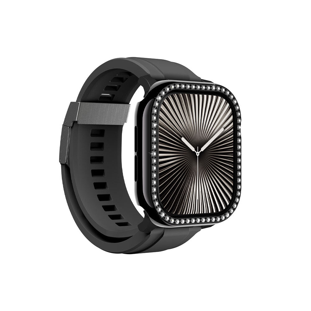 Apple Watch 10 46mm Amazingthing Gleam Fit FullGuard Taşlı Sert PC Kasa ve Ekran Koruyucu Siyah