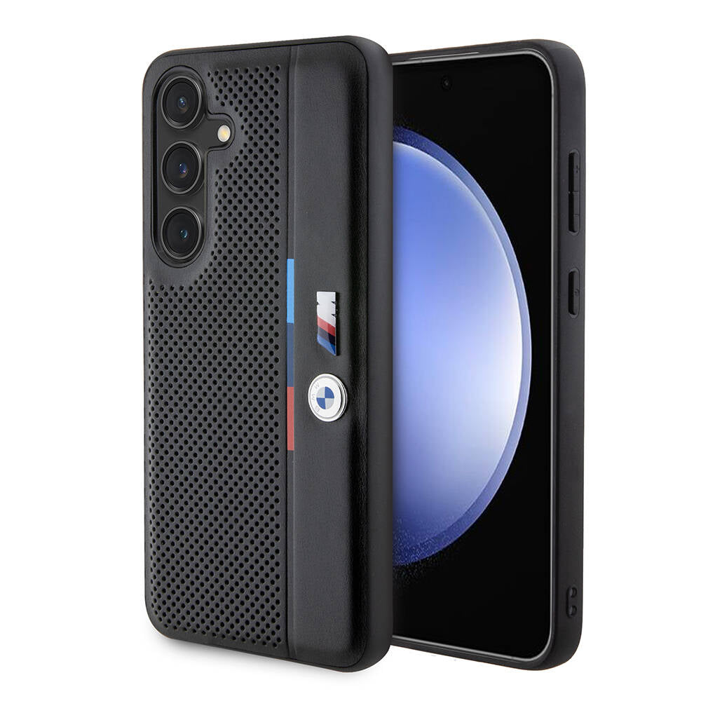 Galaxy S24 Kılıf BMW Orjinal Lisanslı M Logolu Üç Renk Çizgili Delikli Detail Line Kılıf Siyah