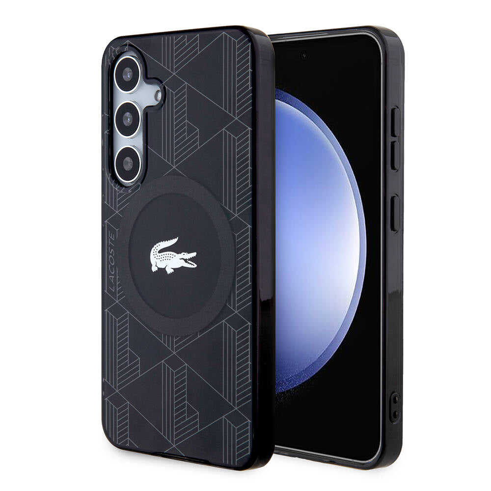 Galaxy S24 Kılıf Lacoste Orjinal Lisanslı Magsafe Şarj Özellikli Çift Katmanlı Timsah Logolu Blend Monogram Kılıf Petrol Yeşil