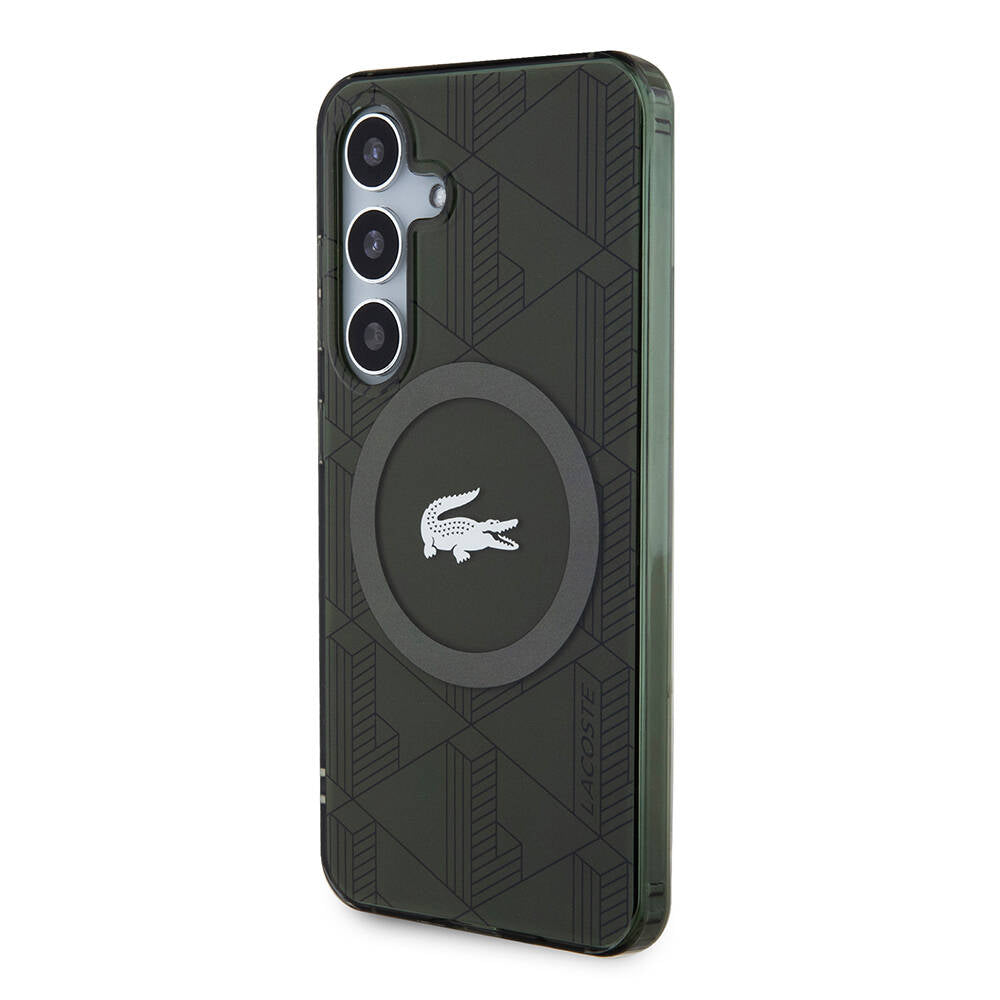 Galaxy S24 Kılıf Lacoste Orjinal Lisanslı Magsafe Şarj Özellikli Çift Katmanlı Timsah Logolu Blend Monogram Kılıf Petrol Yeşil