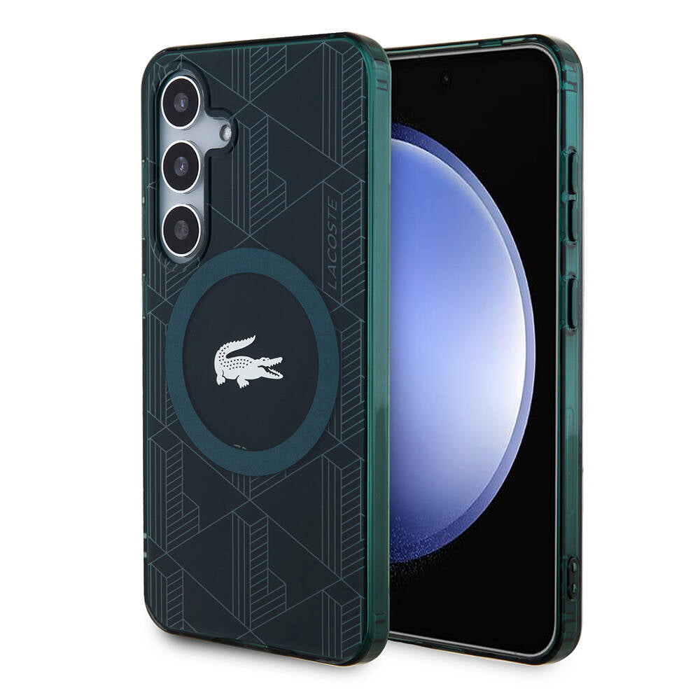 Galaxy S24 Kılıf Lacoste Orjinal Lisanslı Magsafe Şarj Özellikli Çift Katmanlı Timsah Logolu Blend Monogram Kılıf Siyah