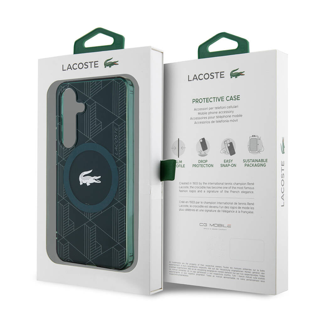 Galaxy S24 Kılıf Lacoste Orjinal Lisanslı Magsafe Şarj Özellikli Çift Katmanlı Timsah Logolu Blend Monogram Kılıf Petrol Yeşil