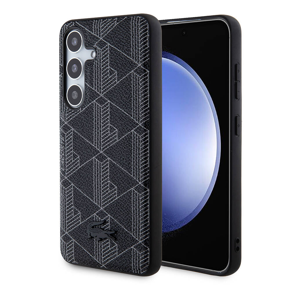 Galaxy S24 Kılıf Lacoste Orjinal Lisanslı Magsafe Şarj Özellikli PU Deri Görünümlü Karışık Monogram Desenli Kılıf Siyah