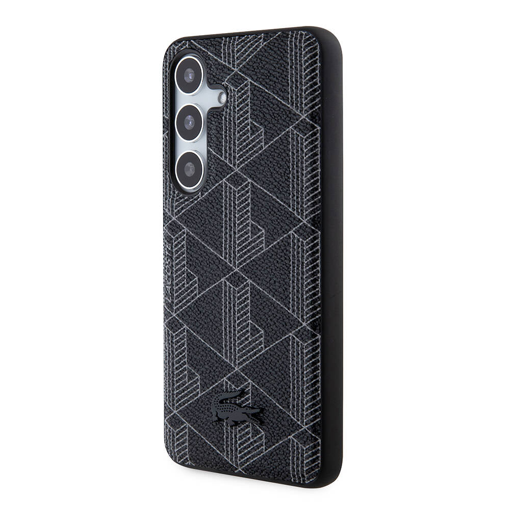 Galaxy S24 Kılıf Lacoste Orjinal Lisanslı Magsafe Şarj Özellikli PU Deri Görünümlü Karışık Monogram Desenli Kılıf Siyah