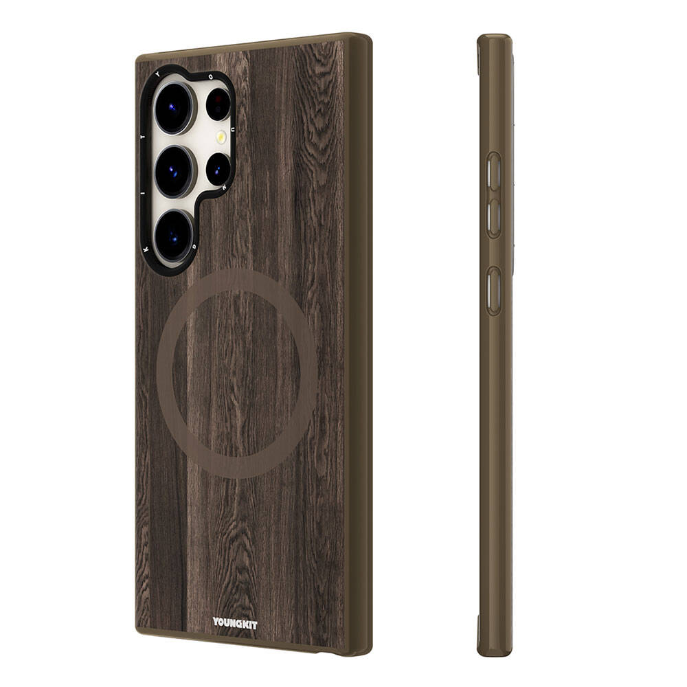 Galaxy S24 Ultra Kılıf Magsafe Şarj Özellikli Sararmaya Dayanıklı Youngkit Wood Forest Serisi Kılıf Kahverengi