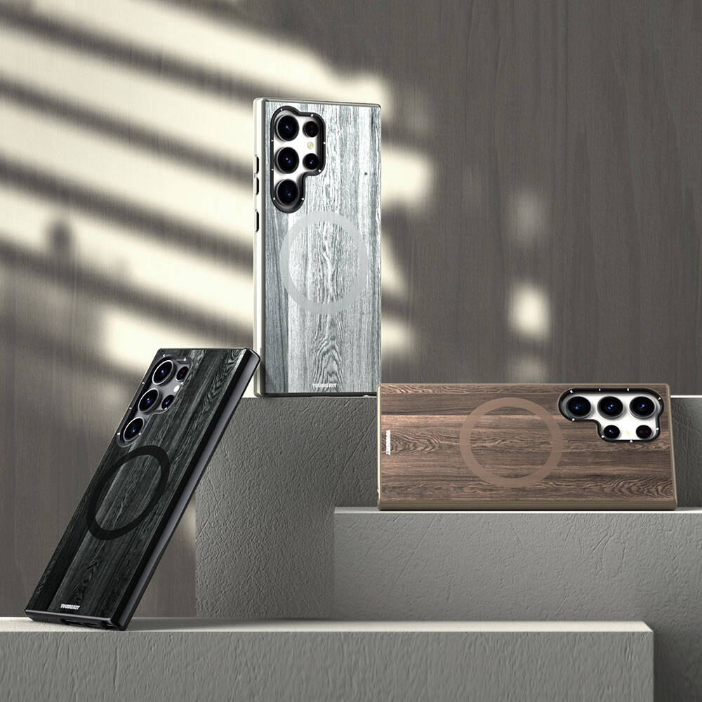 Galaxy S24 Ultra Kılıf Magsafe Şarj Özellikli Sararmaya Dayanıklı Youngkit Wood Forest Serisi Kılıf Siyah