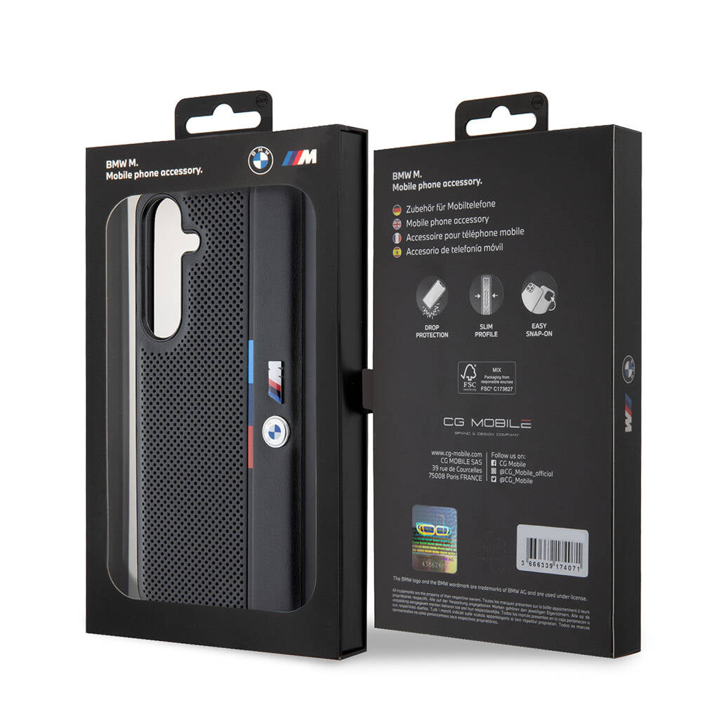 Galaxy S24 Plus Kılıf BMW Orjinal Lisanslı M Logolu Üç Renk Çizgili Delikli Detail Line Kılıf Siyah