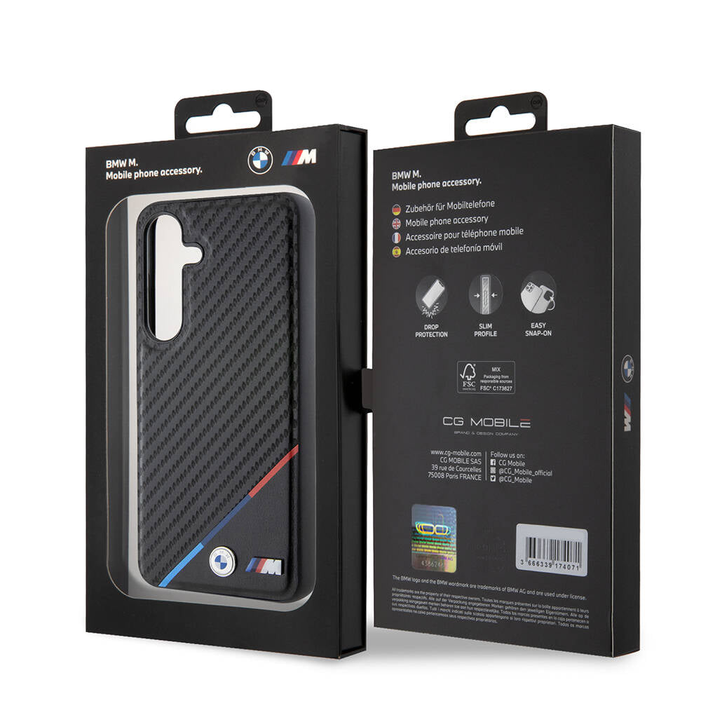 Galaxy S24 Plus Kılıf BMW Orjinal Lisanslı Magsafe Şarj Özellikli M Logolu Üç Çizgili PU Karbon Kılıf Siyah