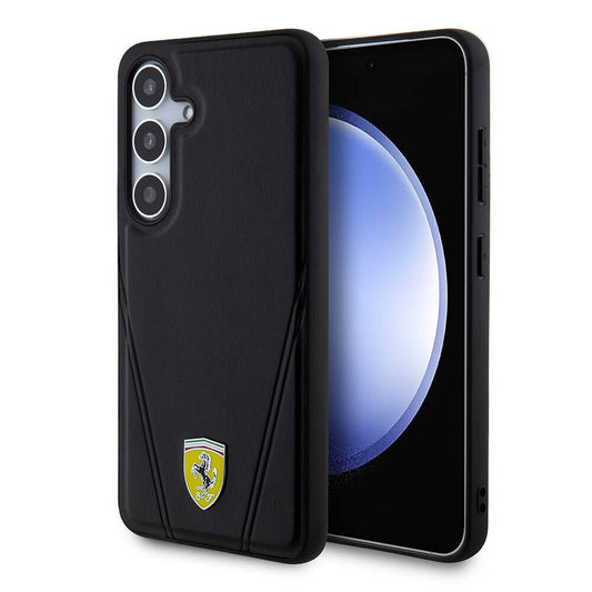 Galaxy S24 Plus Kılıf Ferrari Orjinal Lisanslı Magsafe Şarj Özellikli Sıcak Baskı V Çizgili Deri Kılıf Siyah