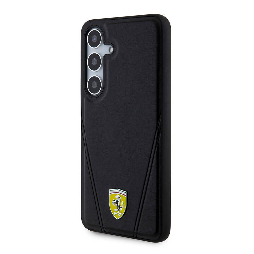 Galaxy S24 Plus Kılıf Ferrari Orjinal Lisanslı Magsafe Şarj Özellikli Sıcak Baskı V Çizgili Deri Kılıf Siyah
