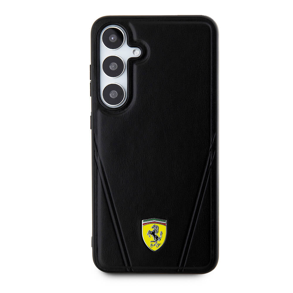 Galaxy S24 Plus Kılıf Ferrari Orjinal Lisanslı Magsafe Şarj Özellikli Sıcak Baskı V Çizgili Deri Kılıf Siyah