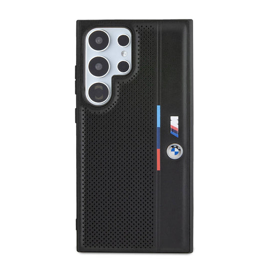 Galaxy S24 Ultra Kılıf BMW Orjinal Lisanslı M Logolu Üç Renk Çizgili Delikli Detail Line Kılıf Siyah
