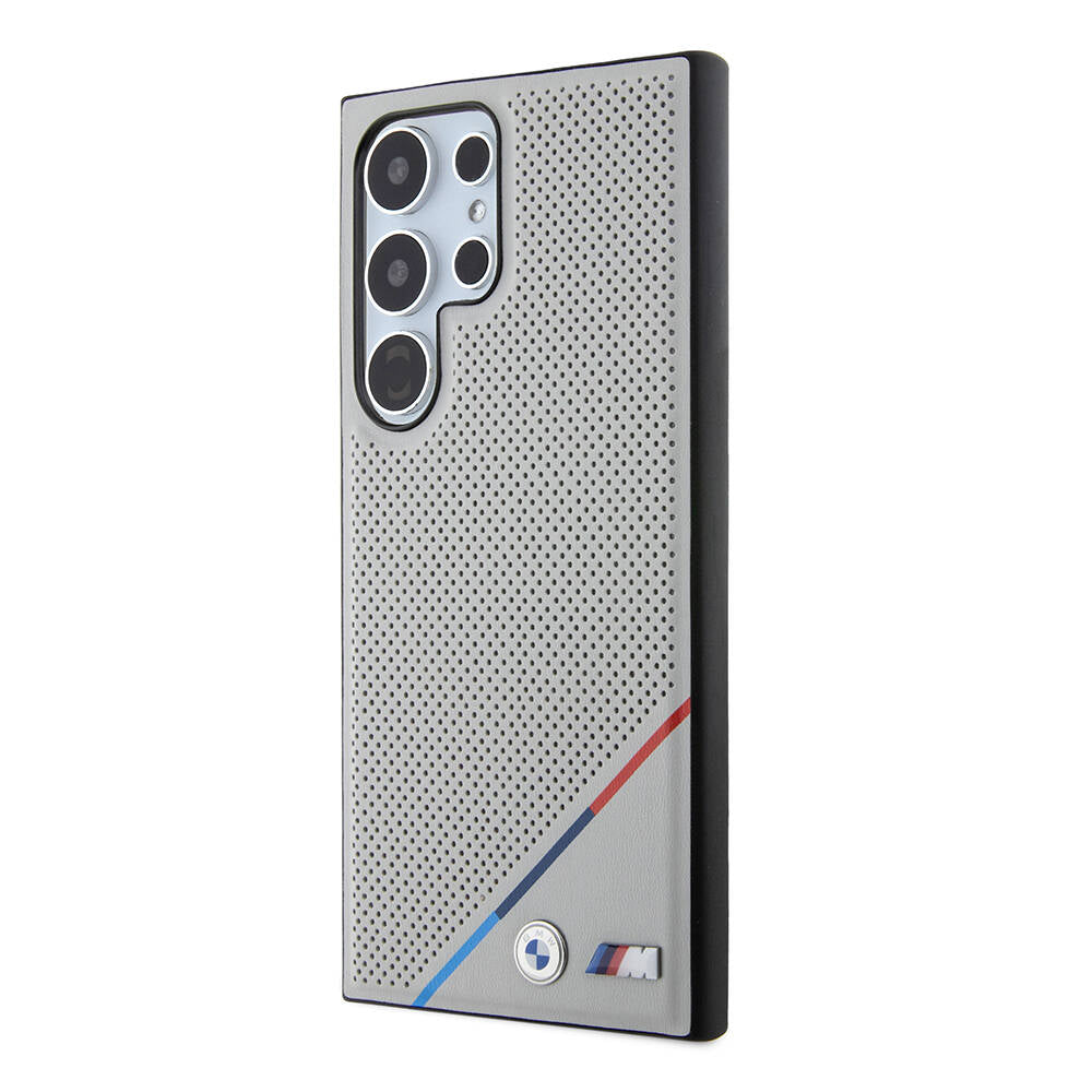 Galaxy S24 Ultra Kılıf BMW Orjinal Lisanslı Magsafe Şarj Özellikli M Logolu Üç Çizgili Delikli Deri Kılıf Gri