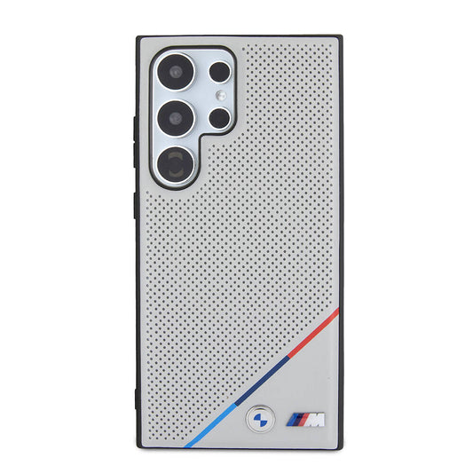 Galaxy S24 Ultra Kılıf BMW Orjinal Lisanslı Magsafe Şarj Özellikli M Logolu Üç Çizgili Delikli Deri Kılıf Gri