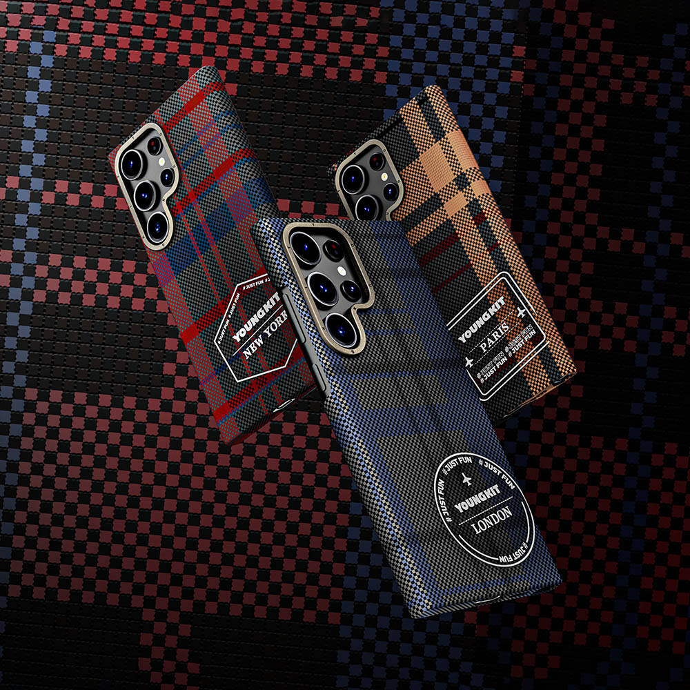 Galaxy S24 Ultra Kılıf Ekose Desenli Youngkit Gezhi Serisi Kılıf Mavi