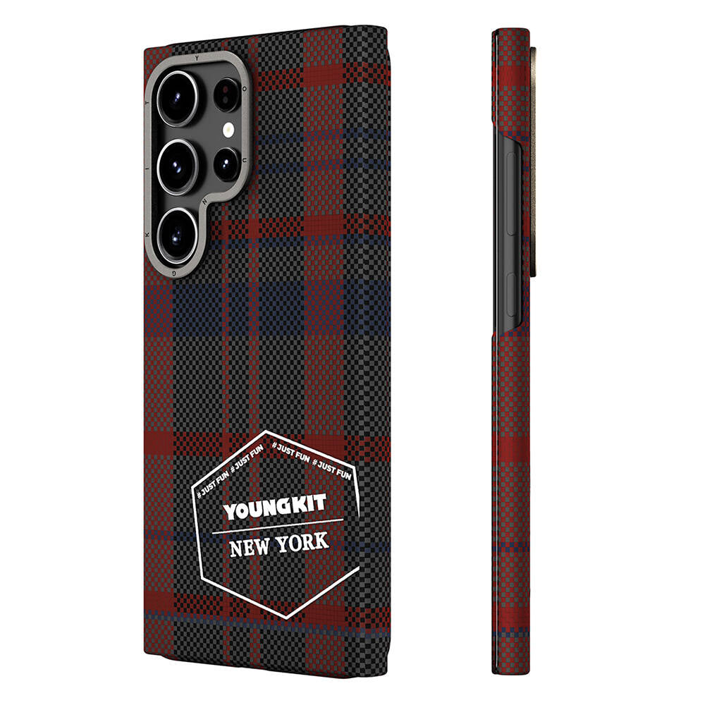 Galaxy S24 Ultra Kılıf Ekose Desenli Youngkit Gezhi Serisi Kılıf Kırmızı