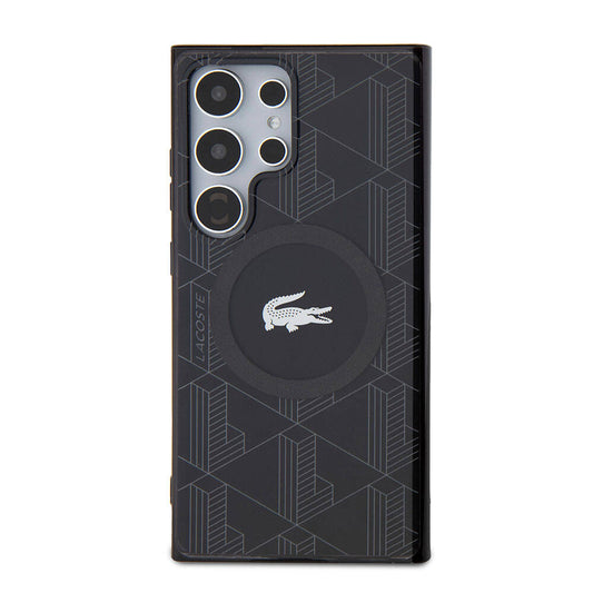 Galaxy S24 Ultra Kılıf Lacoste Orjinal Lisanslı Magsafe Şarj Özellikli Çift Katmanlı Timsah Logolu Blend Monogram Kılıf Siyah