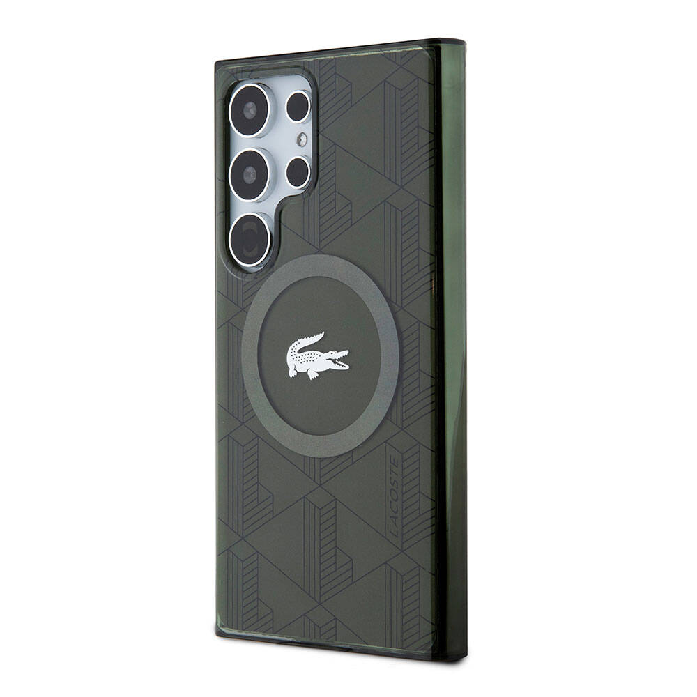 Galaxy S24 Ultra Kılıf Lacoste Orjinal Lisanslı Magsafe Şarj Özellikli Çift Katmanlı Timsah Logolu Blend Monogram Kılıf Petrol Yeşil