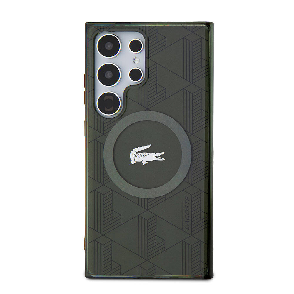 Galaxy S24 Ultra Kılıf Lacoste Orjinal Lisanslı Magsafe Şarj Özellikli Çift Katmanlı Timsah Logolu Blend Monogram Kılıf Haki