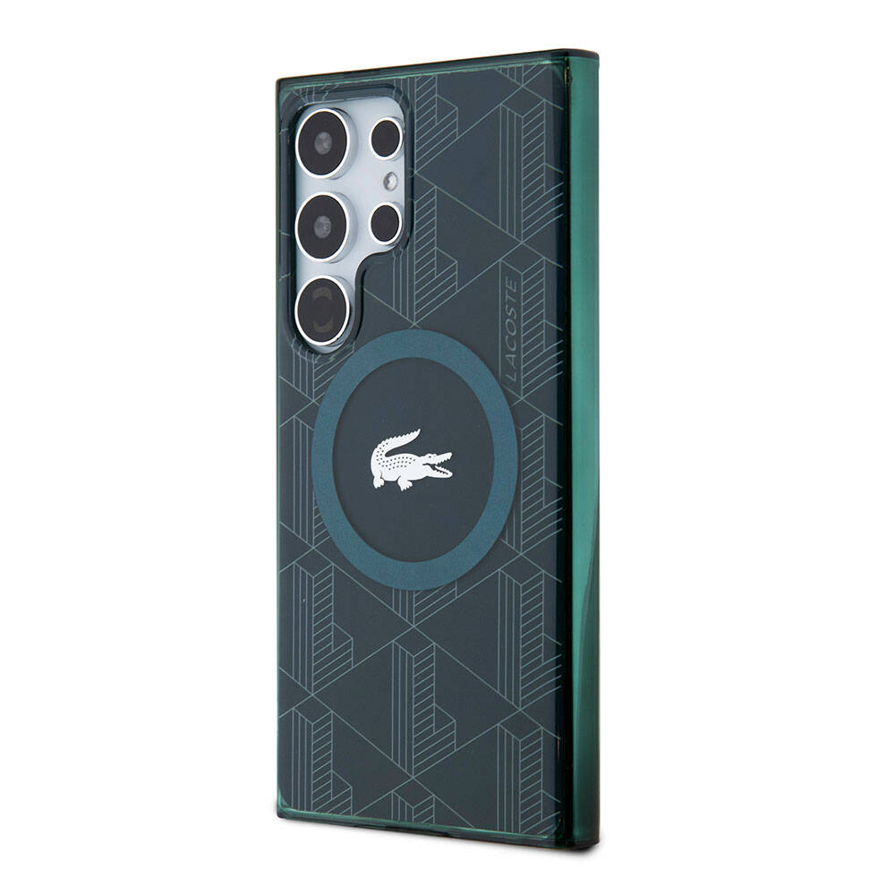 Galaxy S24 Ultra Kılıf Lacoste Orjinal Lisanslı Magsafe Şarj Özellikli Çift Katmanlı Timsah Logolu Blend Monogram Kılıf Petrol Yeşil