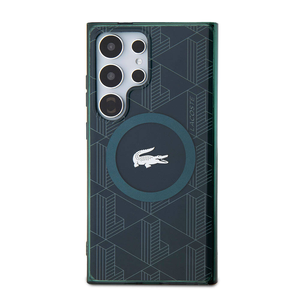 Galaxy S24 Ultra Kılıf Lacoste Orjinal Lisanslı Magsafe Şarj Özellikli Çift Katmanlı Timsah Logolu Blend Monogram Kılıf Petrol Yeşil