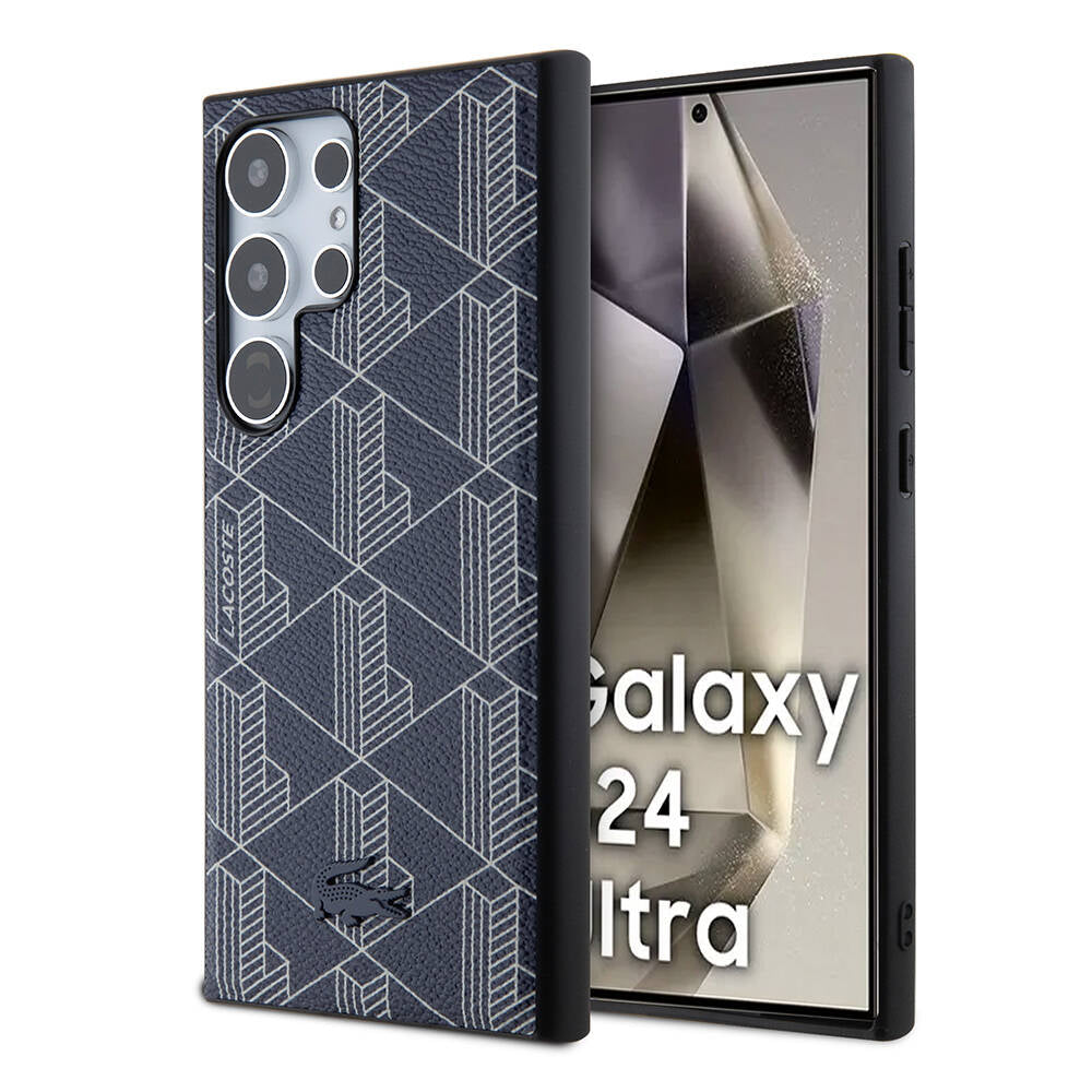 Galaxy S24 Ultra Kılıf Lacoste Orjinal Lisanslı Magsafe Şarj Özellikli PU Deri Görünümlü Karışık Monogram Desenli Kılıf Lacivert