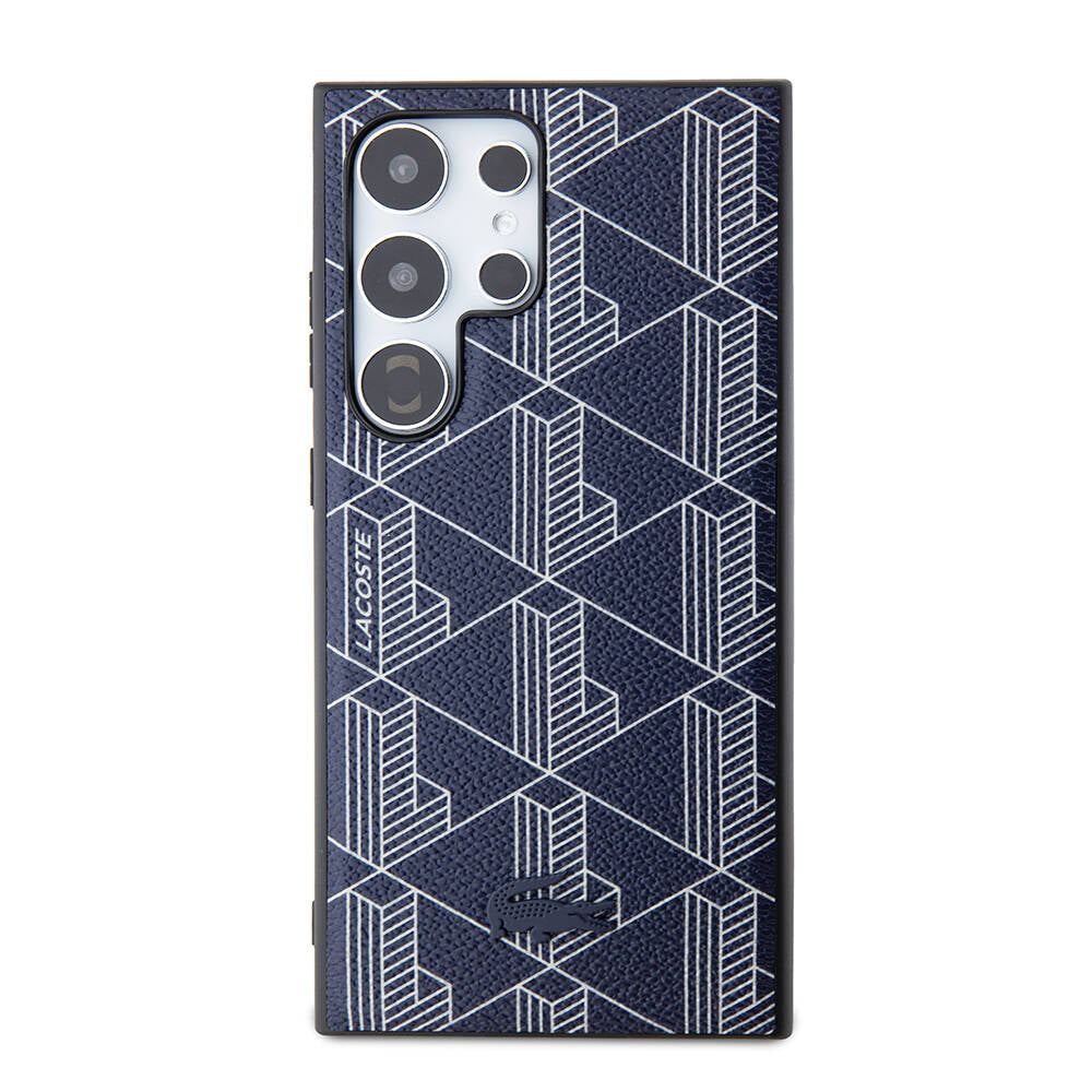 Galaxy S24 Ultra Kılıf Lacoste Orjinal Lisanslı Magsafe Şarj Özellikli PU Deri Görünümlü Karışık Monogram Desenli Kılıf Lacivert