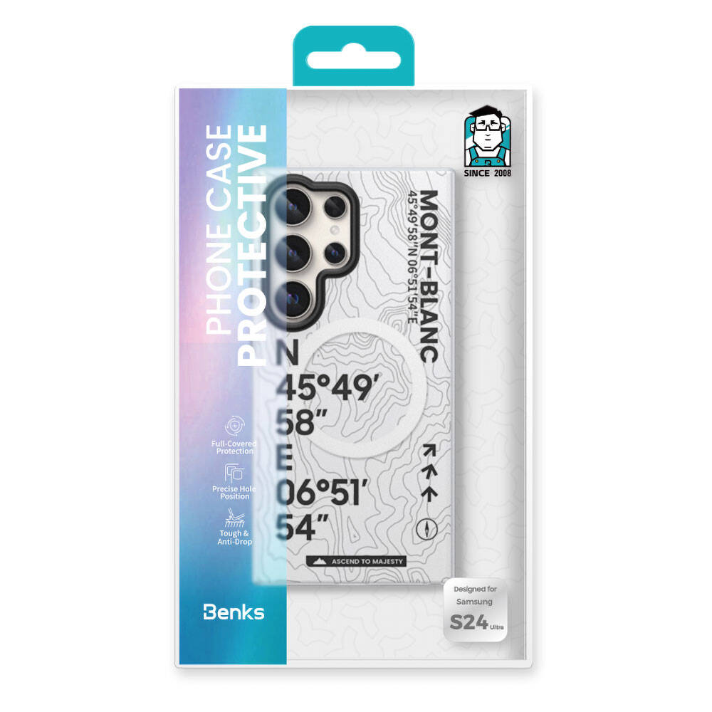 Galaxy S24 Ultra Kılıf Magsafe Şarj Özellikli Koordinat Yazı Desenli Benks Summit Serisi Kılıf Beyaz