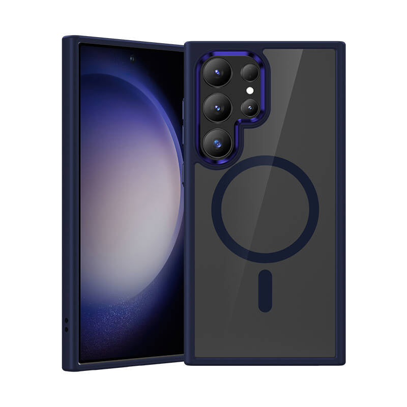 Galaxy S24 Ultra Kılıf Magsafe Şarj Özellikli Şeffaf Arka Yüzey Benks MagClap TPU Çerçeve Kılıf Mavi