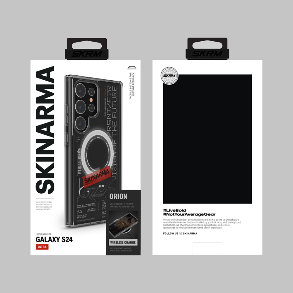 Galaxy S24 Ultra Kılıf SkinArma Magsafe Şarj Özellikli Yazı Desenli Airbag Tasarımlı Orion Kılıf Siyah