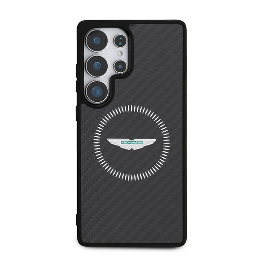 Galaxy S25 Ultra Kılıf Aston Martin Orjinal Lisanslı M-safe Şarj Özellikli Radyal Halka ve Karbon Fiber Tasarımlı Kapak
