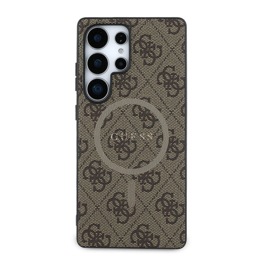 Galaxy S25 Ultra Kılıf Guess Orjinal Lisanslı M-safe Şarj Özellikli PU Halkalı 4G Desenli Yazı Logolu Kapak Kahverengi