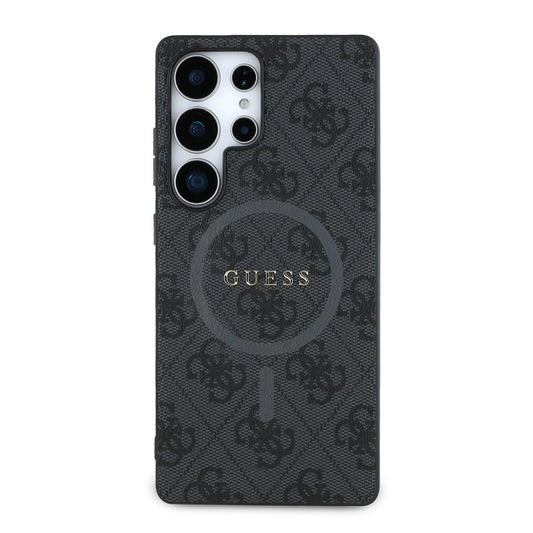 Galaxy S25 Ultra Kılıf Guess Orjinal Lisanslı M-safe Şarj Özellikli PU Halkalı 4G Desenli Yazı Logolu Kapak Siyah