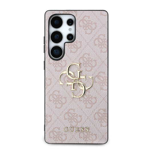 Galaxy S25 Ultra Kılıf Guess Orjinal Lisanslı PU Deri 4G Desenli Metal Büyük 4G ve Yazı Logolu Kapak Pembe