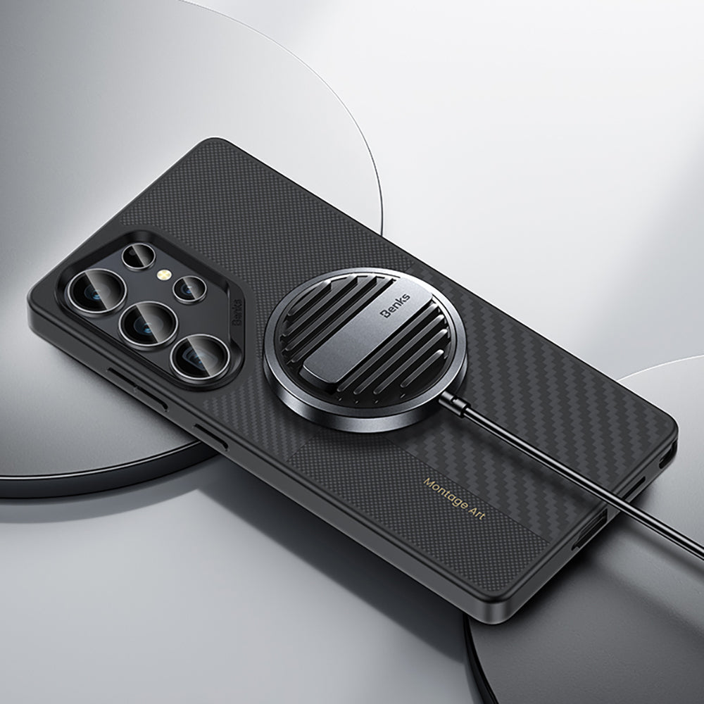 Galaxy S25 Ultra Kılıf Magsafe Şarj Özellikli Karbon Fiber Benks Montage Hybrid ArmorPro Kevlar Kılıf Siyah