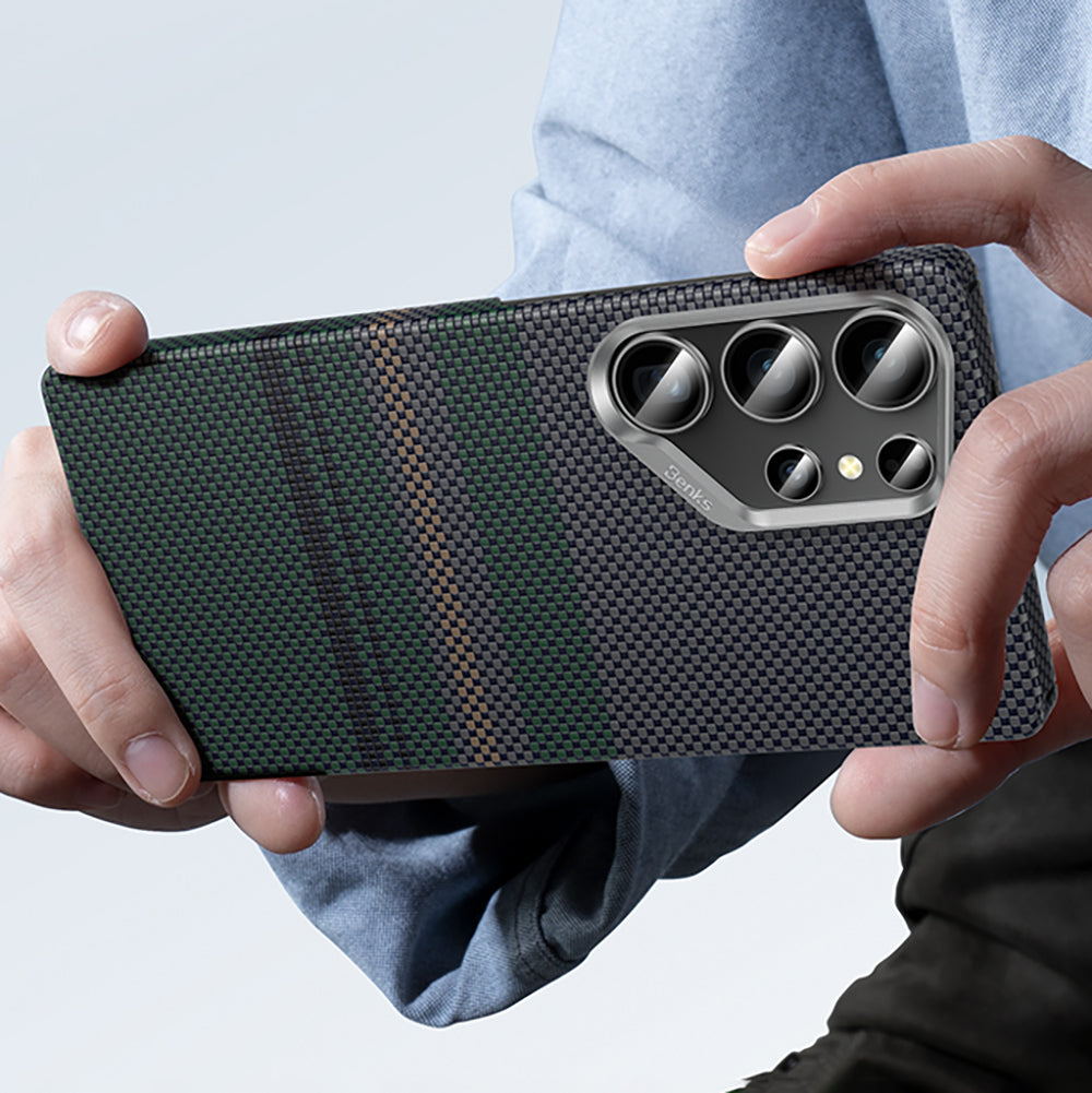 Galaxy S25 Ultra Kılıf Magsafe Şarj Özellikli Karbon Fiber Tasarımlı Benks Aurora ArmorAir Kevlar Kılıf Yeşil