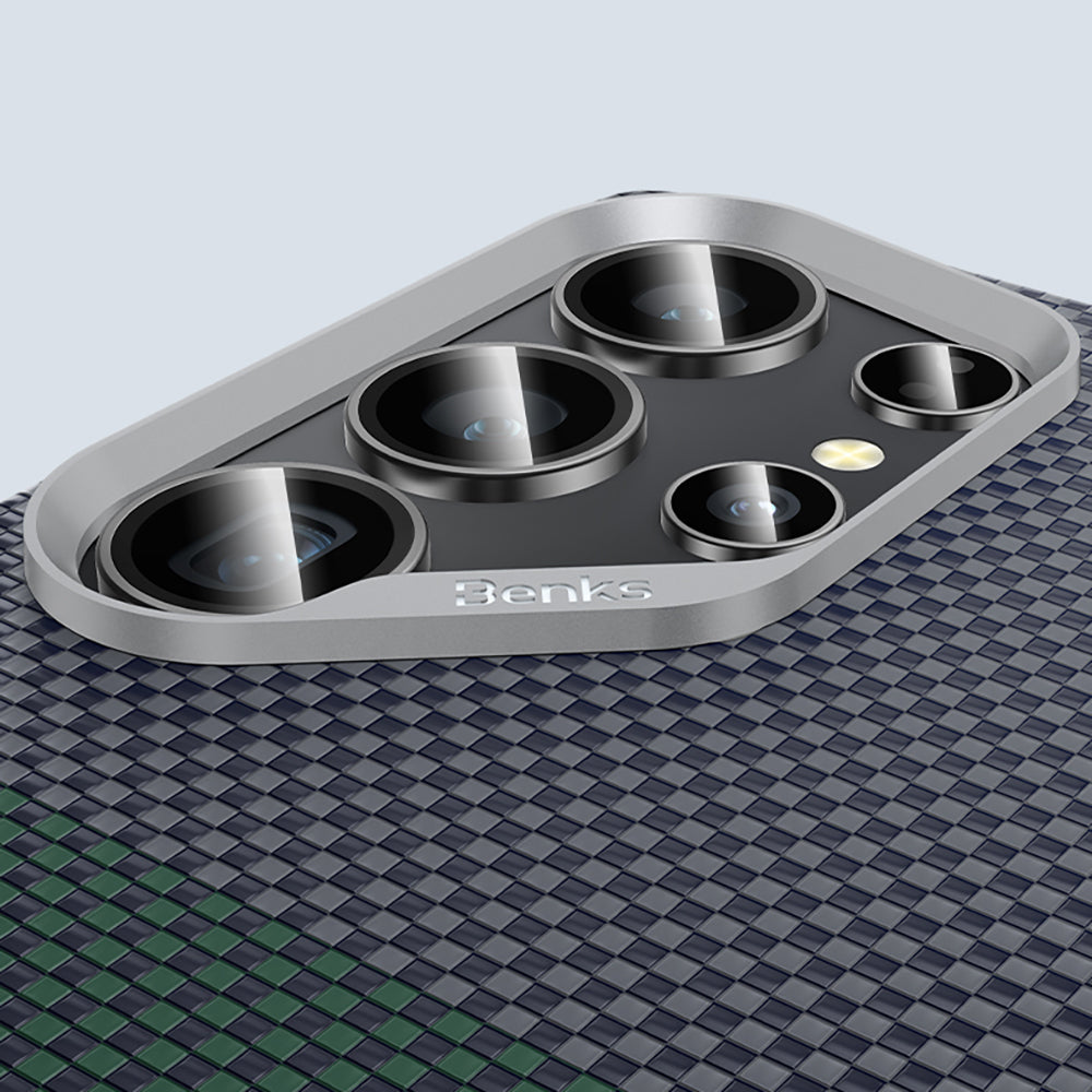 Galaxy S25 Ultra Kılıf Magsafe Şarj Özellikli Karbon Fiber Tasarımlı Benks Aurora ArmorAir Kevlar Kılıf Yeşil