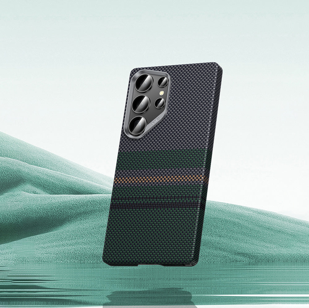 Galaxy S25 Ultra Kılıf Magsafe Şarj Özellikli Karbon Fiber Tasarımlı Benks Aurora ArmorAir Kevlar Kılıf Yeşil