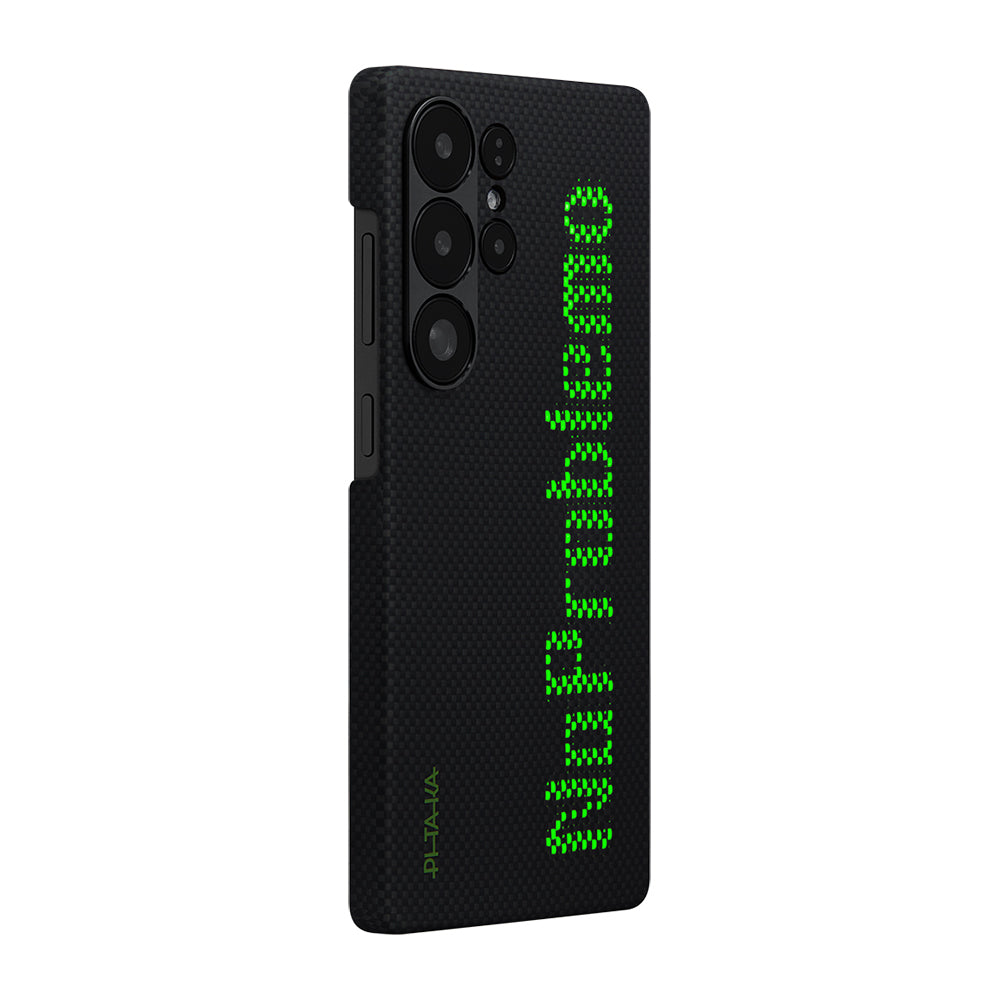 Galaxy S25 Ultra Kılıf  M-safe Şarj Özellikli Lumintex Teknolojili Fosforlu Aramid Fiber Pitaka Tactile Woven Aries Serisi Kapak Siyah-Yeşil