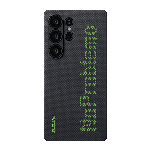 Galaxy S25 Ultra Kılıf  M-safe Şarj Özellikli Lumintex Teknolojili Fosforlu Aramid Fiber Pitaka Tactile Woven Aries Serisi Kapak Siyah-Yeşil