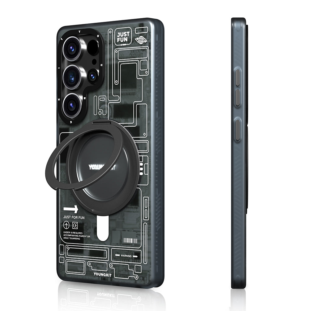 Galaxy S25 Ultra Kılıf M-safe Şarj Özellikli Youngkit 360° Standlı Technology Serisi Kapak Mavi