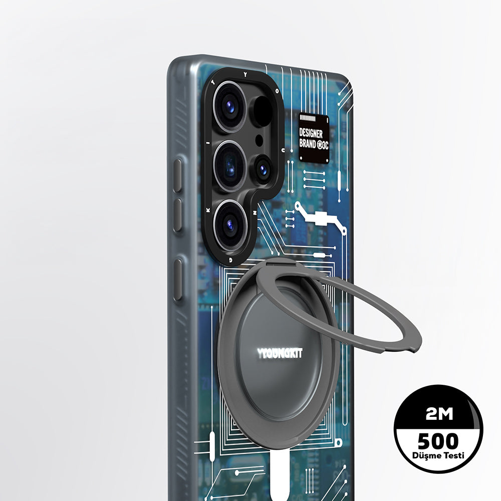 Galaxy S25 Ultra Kılıf M-safe Şarj Özellikli Youngkit 360° Standlı Technology Serisi Kapak Gri