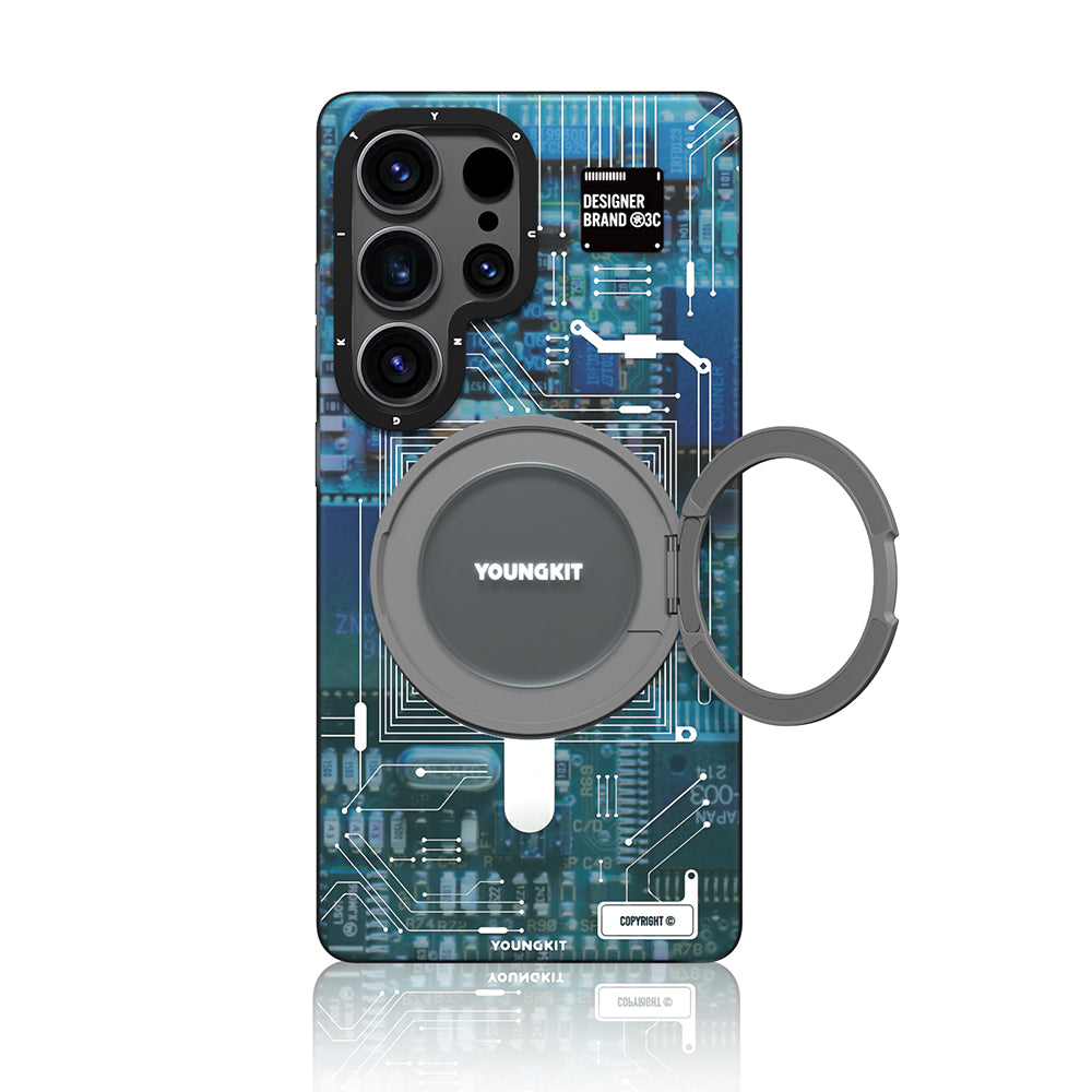 Galaxy S25 Ultra Kılıf M-safe Şarj Özellikli Youngkit 360° Standlı Technology Serisi Kapak Mavi